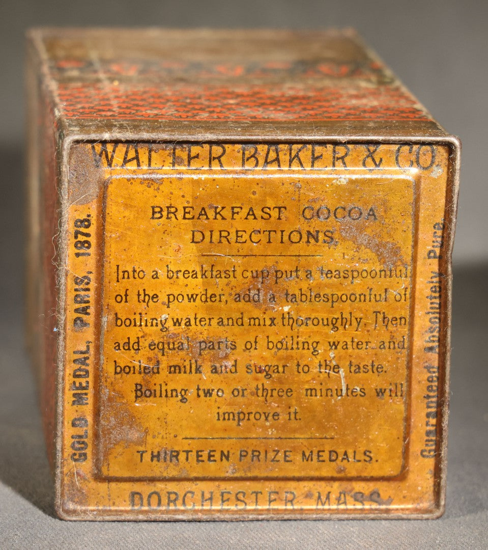 Trio of Antique Toleware Tins including Tea Canister with Yellow Band, Coffee Canister with Red Stenciling, and Walter Baker & Co. Breakfast Cocoa Container, Dorchester, Massachusetts