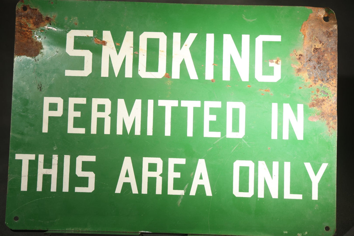Vintage Green Metal Sign Reading "Smoking Permitted In This Area Only"