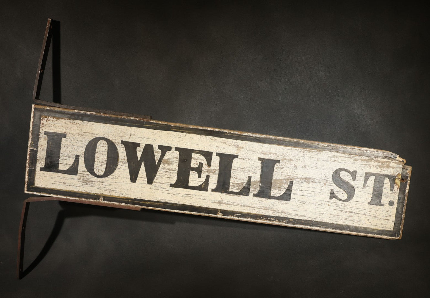 Antique Double-Sided Wooden Street Sign "LOWELL ST." with Metal Mounting Brackets