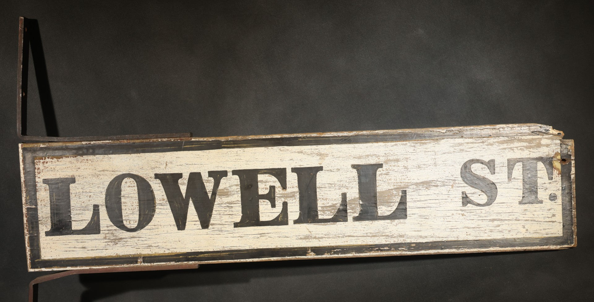 Antique Double-Sided Wooden Street Sign "LOWELL ST." with Metal Mounting Brackets