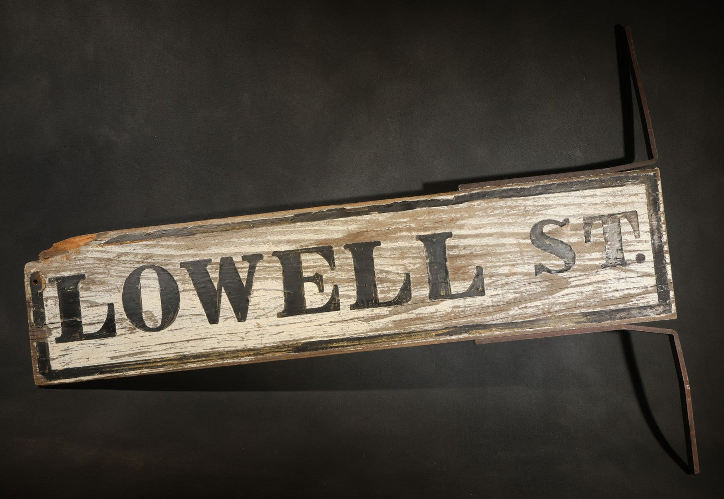 Antique Double-Sided Wooden Street Sign "LOWELL ST." with Metal Mounting Brackets