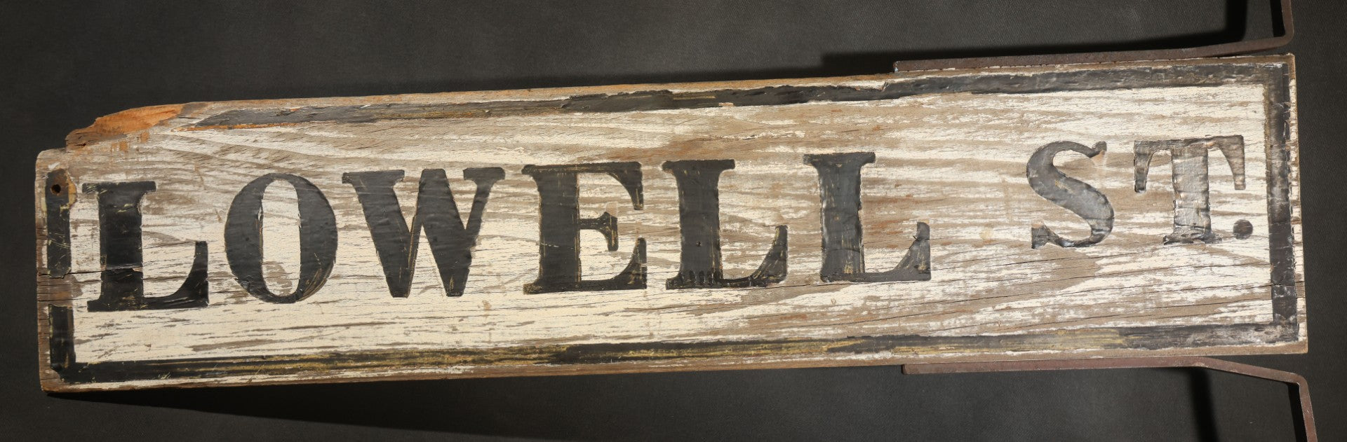 Antique Double-Sided Wooden Street Sign "LOWELL ST." with Metal Mounting Brackets