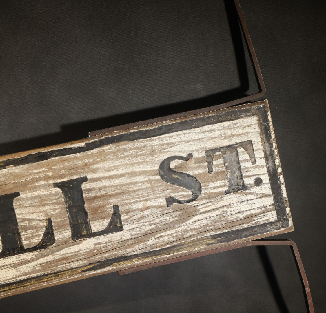 Antique Double-Sided Wooden Street Sign "LOWELL ST." with Metal Mounting Brackets