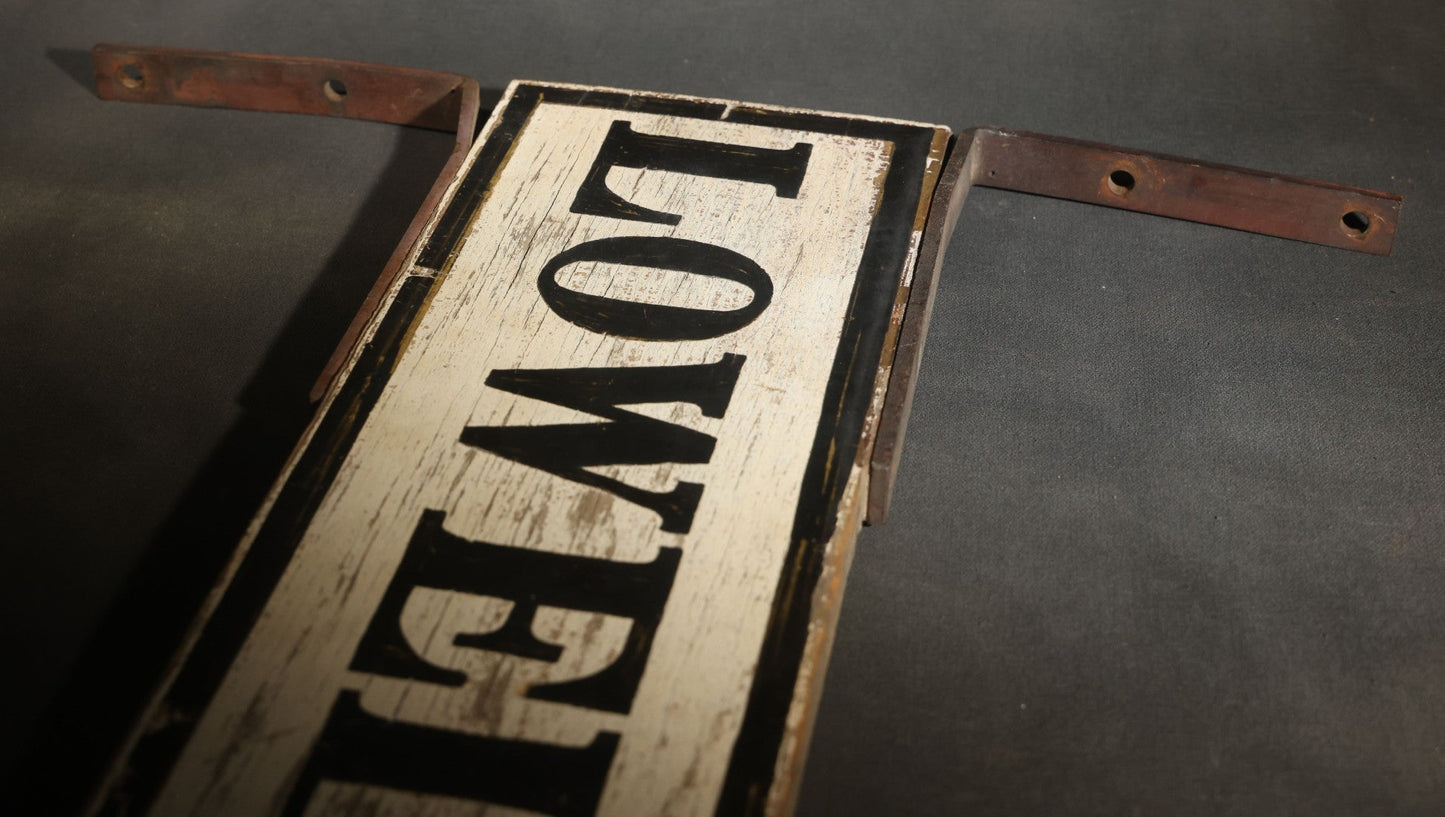 Antique Double-Sided Wooden Street Sign "LOWELL ST." with Metal Mounting Brackets