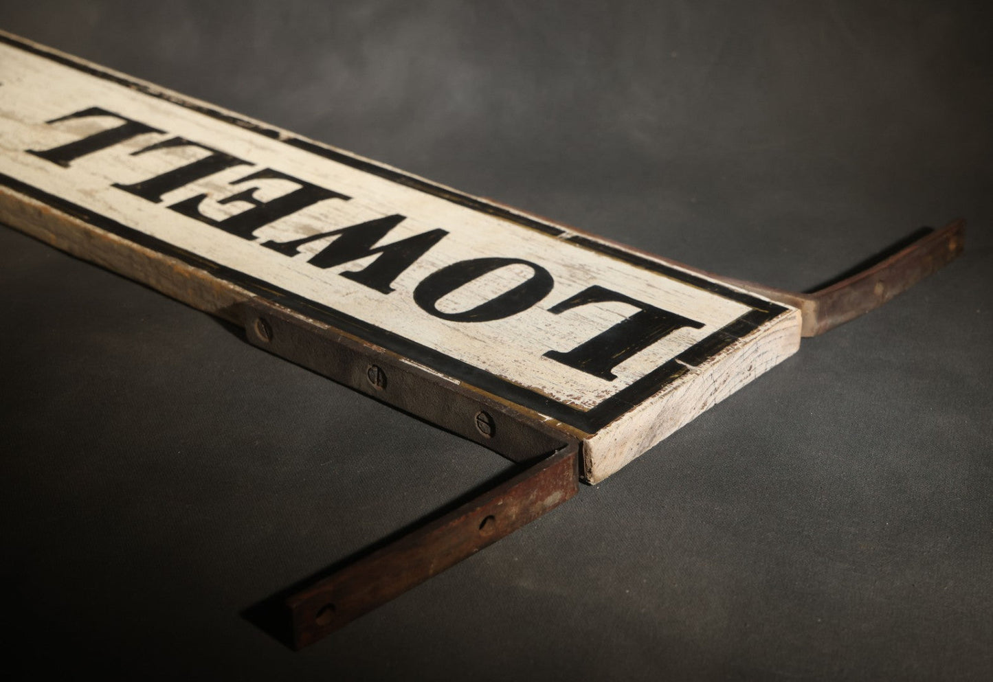 Antique Double-Sided Wooden Street Sign "LOWELL ST." with Metal Mounting Brackets