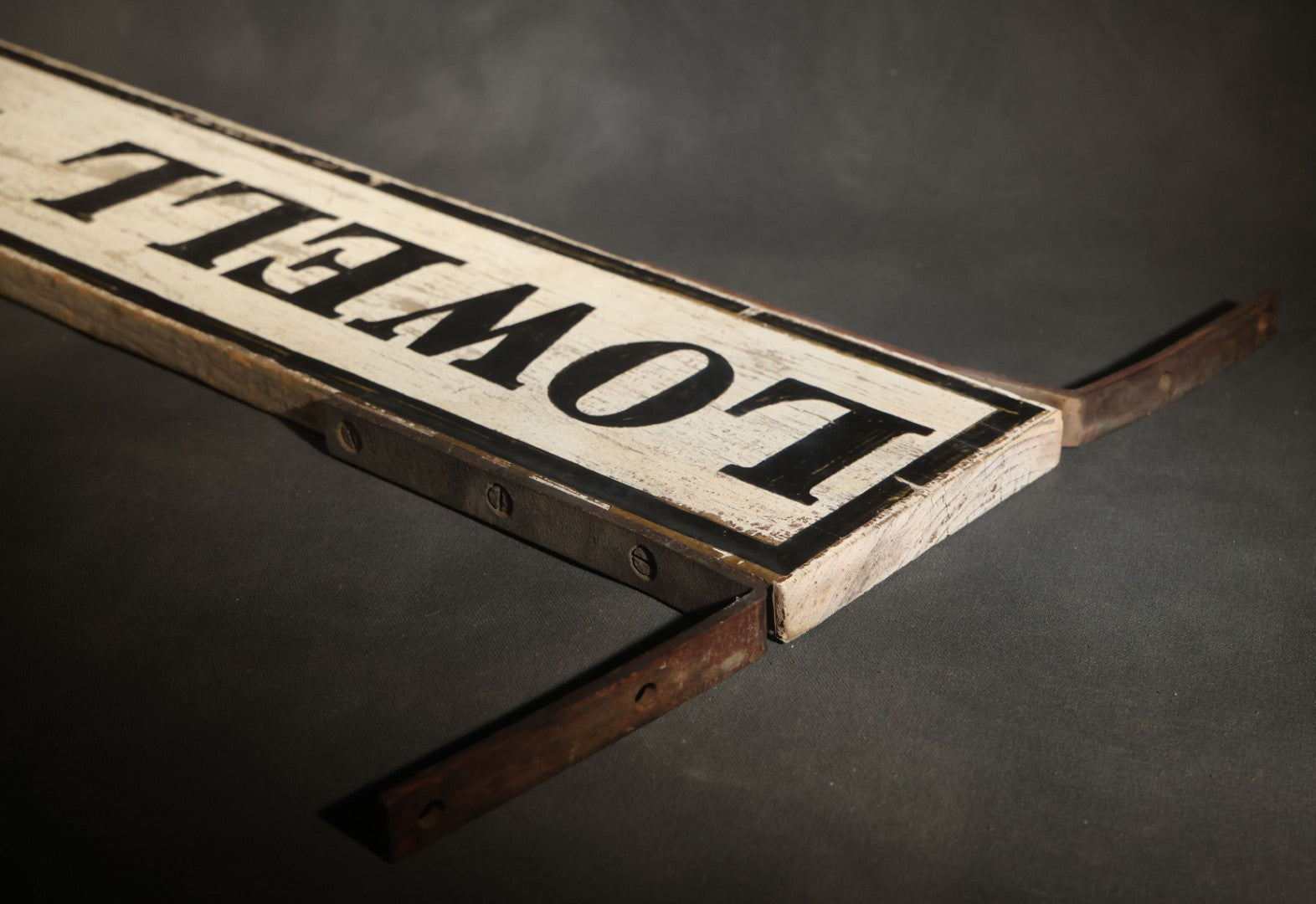 Antique Double-Sided Wooden Street Sign "LOWELL ST." with Metal Mounting Brackets