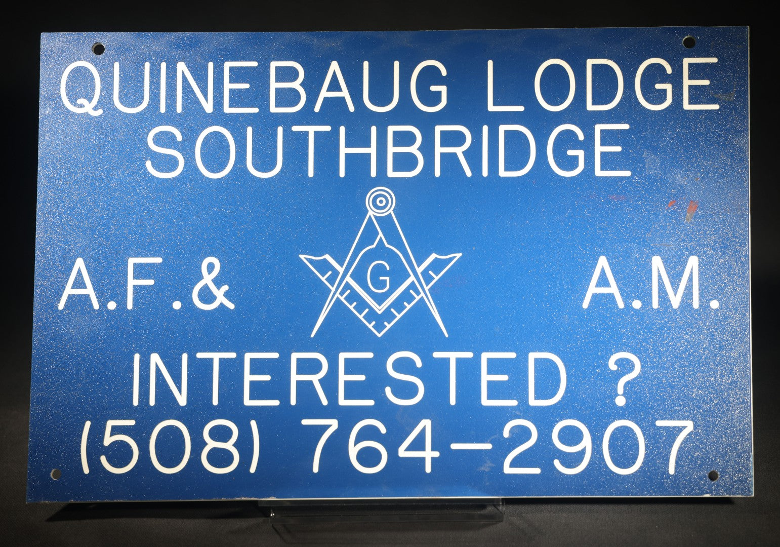 Vintage Blue Plastic Sign for Quinebaug Lodge Southbridge, Massachusetts A.F. & A.M. Masonic Organization with Phone Number, "Interested?"