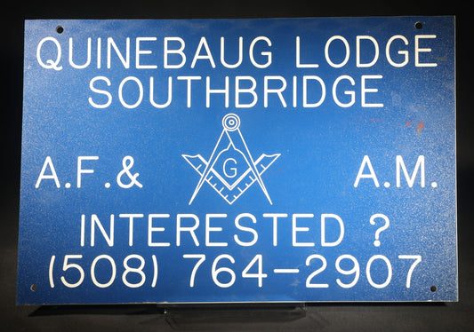 Vintage Blue Plastic Sign for Quinebaug Lodge Southbridge, Massachusetts A.F. & A.M. Masonic Organization with Phone Number, "Interested?"