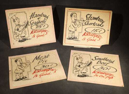 Grouping of Four Vintage Hand-Lettered Paperboard Restaurant Signs for Krueger's Advertising Hamburg & Spaghetti, Strawberry Shortcake, Meat Pie, and Smothered Beef with Prices