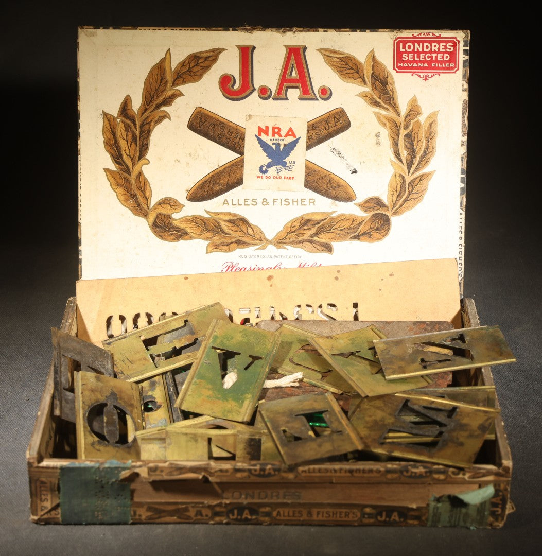 Vintage Brass Stencil Letters and Numbers Set in Cigar Box, Missing Letter I and Number 7, Otherwise Complete with Extras