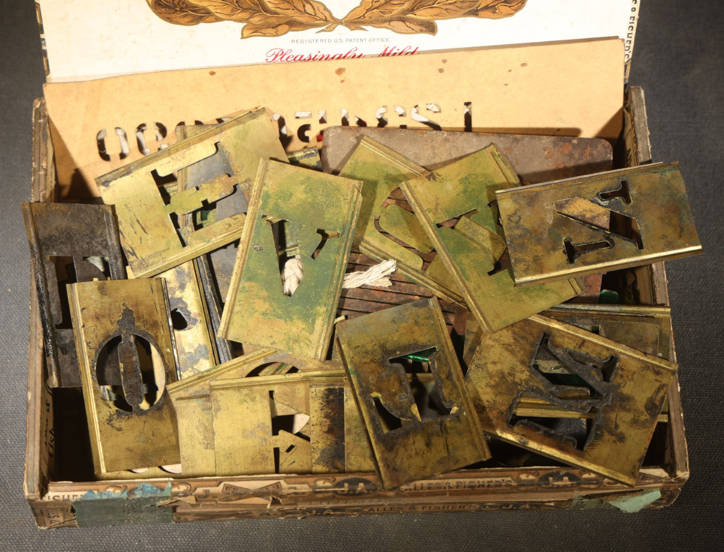 Vintage Brass Stencil Letters and Numbers Set in Cigar Box, Missing Letter I and Number 7, Otherwise Complete with Extras