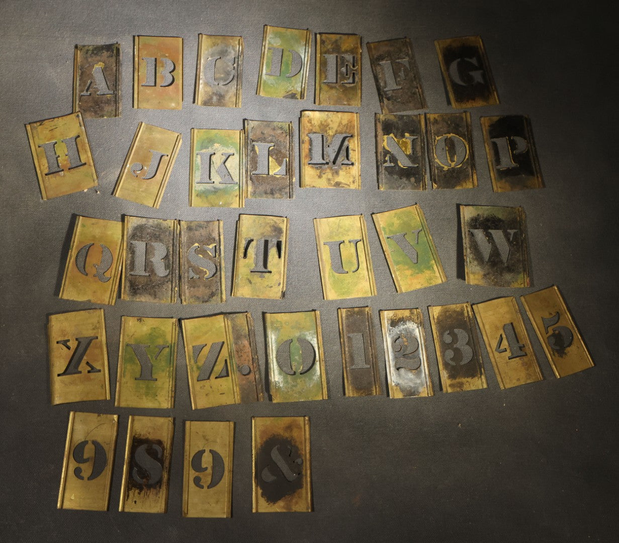 Vintage Brass Stencil Letters and Numbers Set in Cigar Box, Missing Letter I and Number 7, Otherwise Complete with Extras