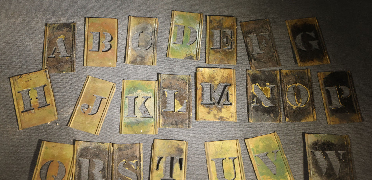 Vintage Brass Stencil Letters and Numbers Set in Cigar Box, Missing Letter I and Number 7, Otherwise Complete with Extras