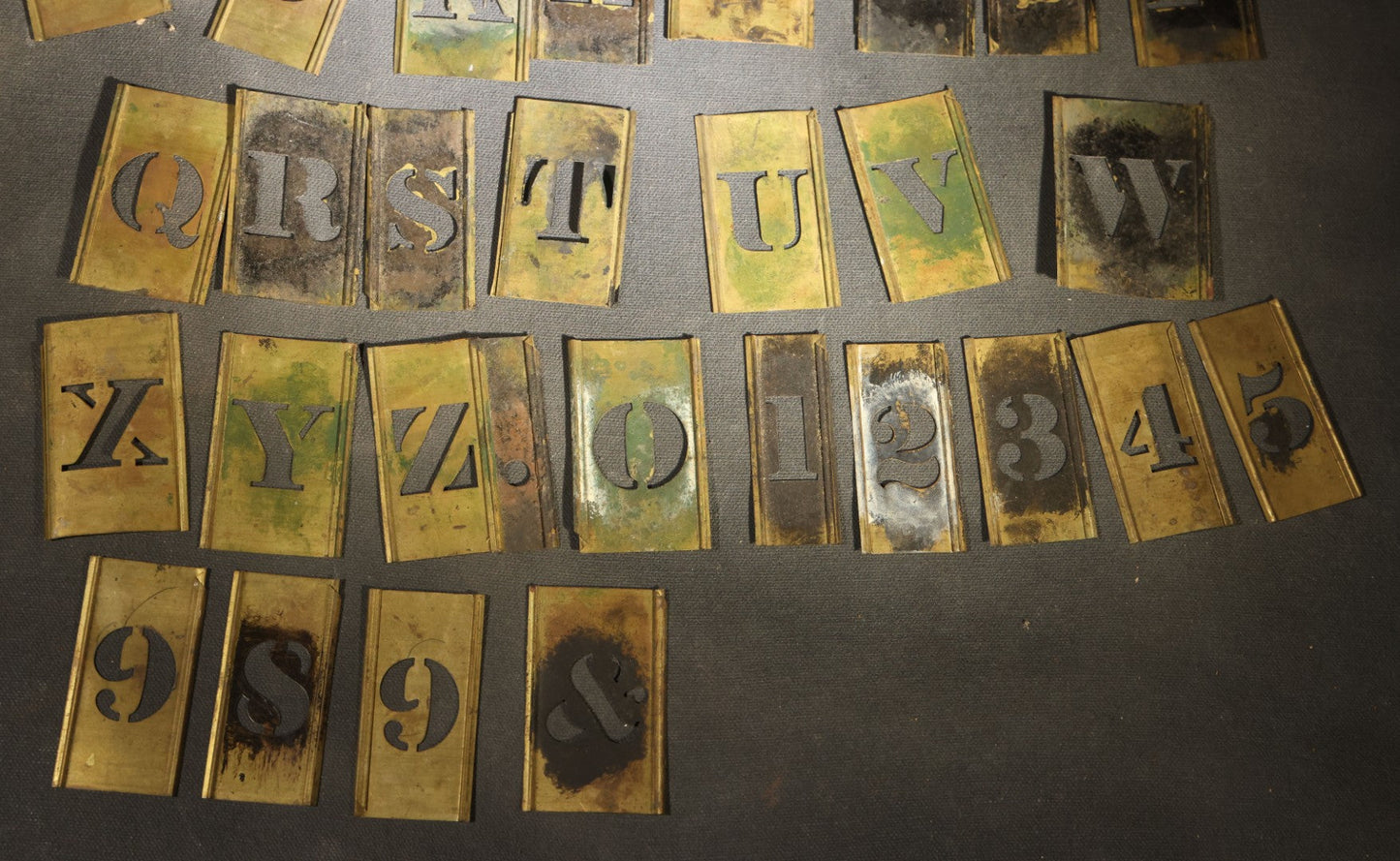Vintage Brass Stencil Letters and Numbers Set in Cigar Box, Missing Letter I and Number 7, Otherwise Complete with Extras