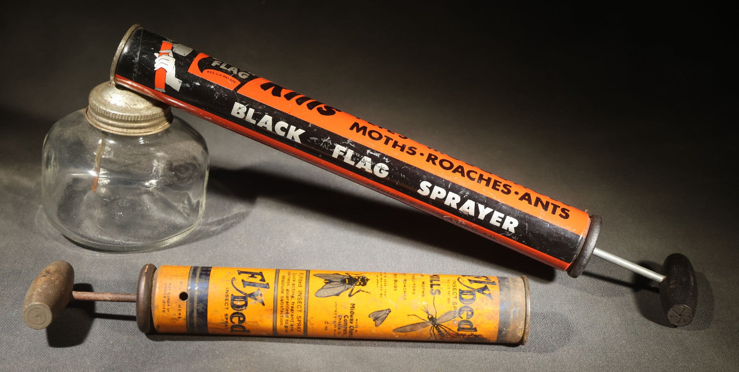 Pair of Vintage Insect Sprayers Including Black Flag for Moths, Roaches, and Ants with glass font and Fly Ded