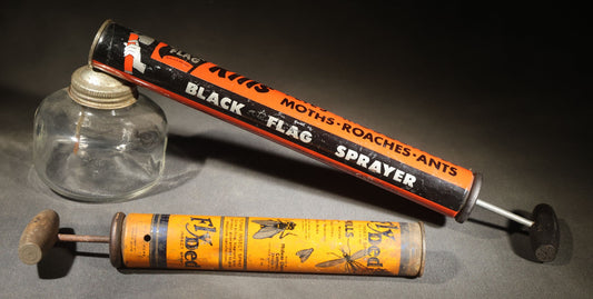 Pair of Vintage Insect Sprayers Including Black Flag for Moths, Roaches, and Ants with glass font and Fly Ded