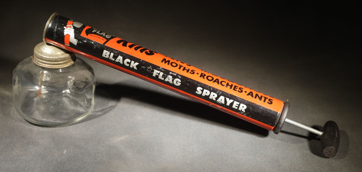 Pair of Vintage Insect Sprayers Including Black Flag for Moths, Roaches, and Ants with glass font and Fly Ded
