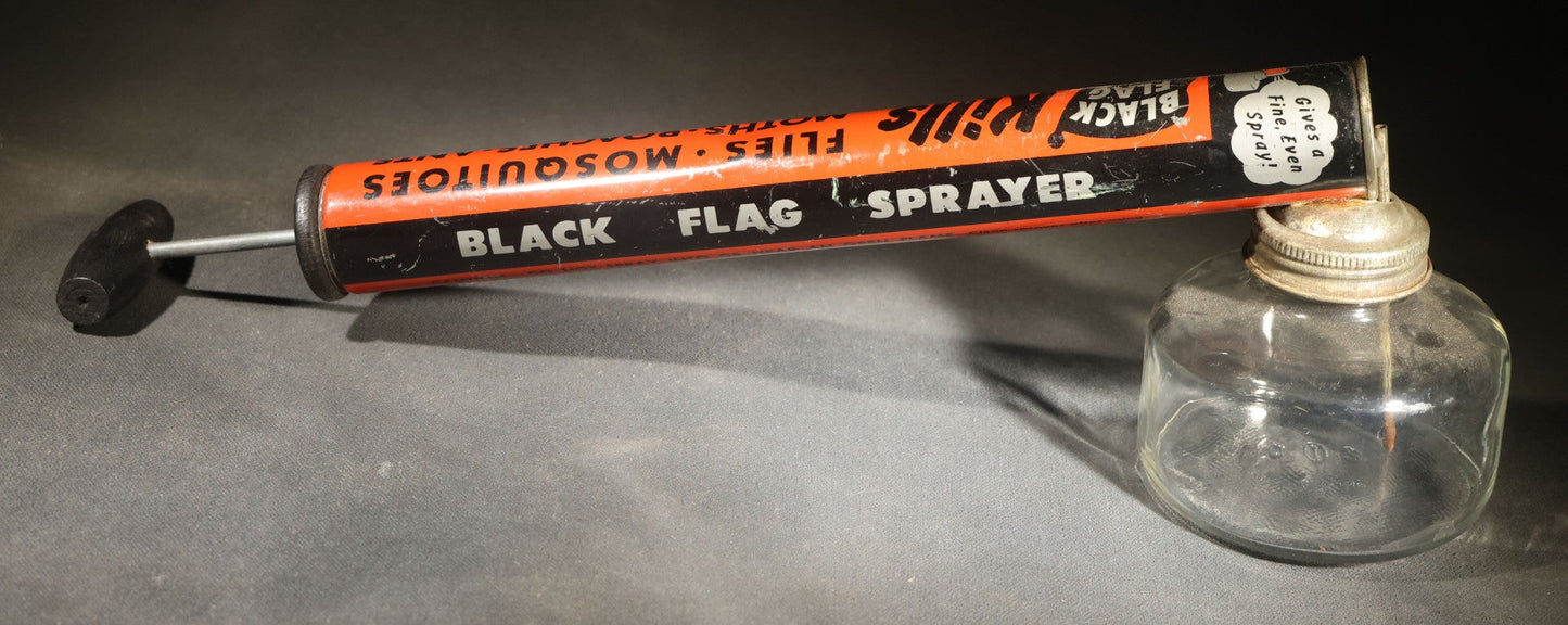 Pair of Vintage Insect Sprayers Including Black Flag for Moths, Roaches, and Ants with glass font and Fly Ded