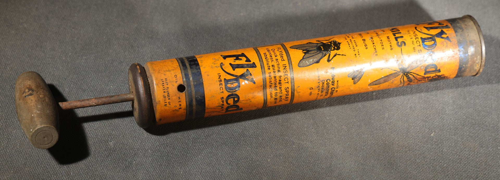 Pair of Vintage Insect Sprayers Including Black Flag for Moths, Roaches, and Ants with glass font and Fly Ded