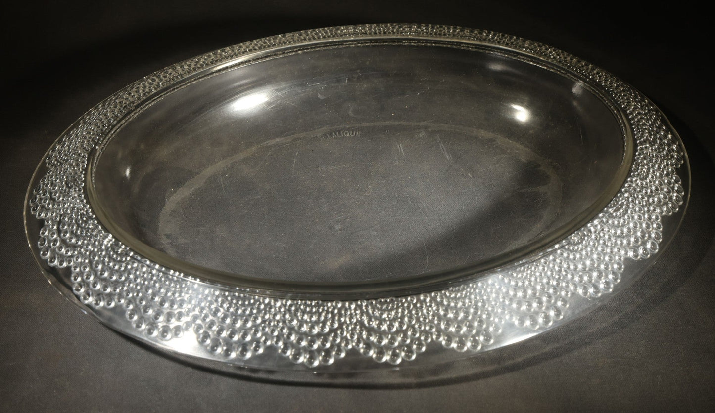Vintage Lalique Clear Glass Oval Platter with Hobnail Rim Pattern, Signed R. Lalique, Note chip