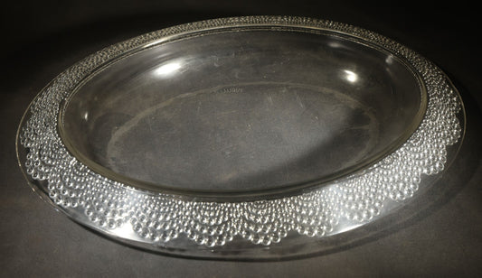Vintage Lalique Clear Glass Oval Platter with Hobnail Rim Pattern, Signed R. Lalique, Note chip