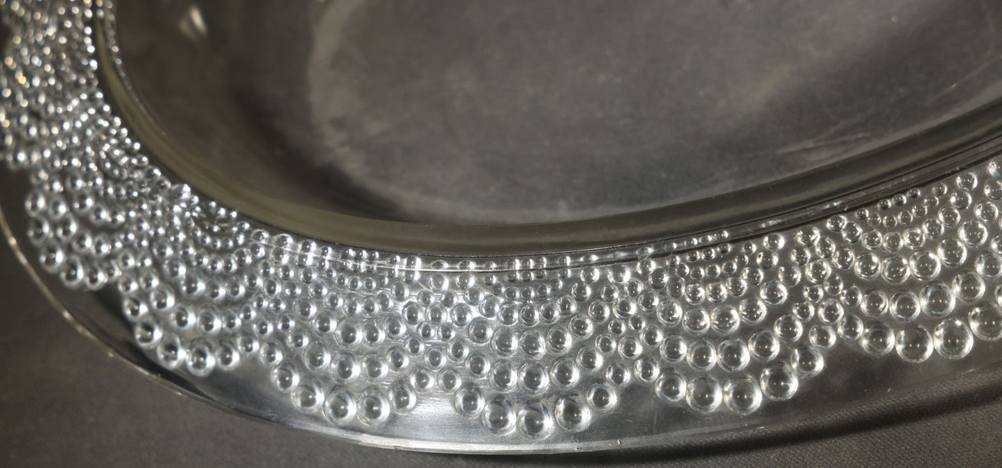 Vintage Lalique Clear Glass Oval Platter with Hobnail Rim Pattern, Signed R. Lalique, Note chip