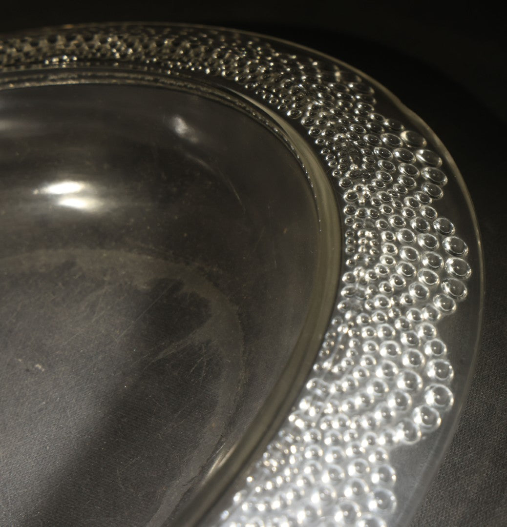 Vintage Lalique Clear Glass Oval Platter with Hobnail Rim Pattern, Signed R. Lalique, Note chip