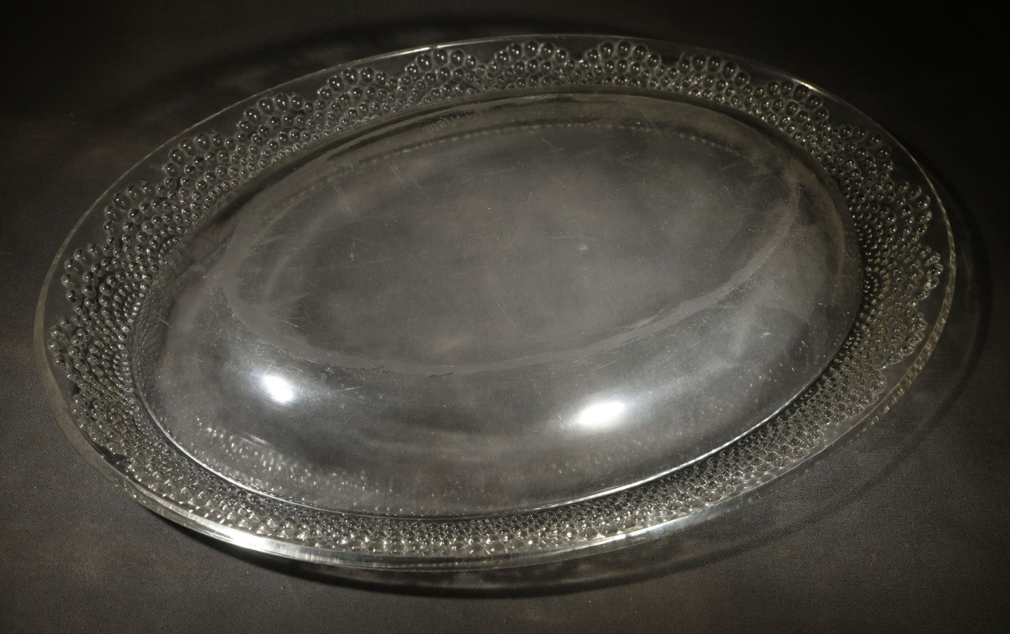 Vintage Lalique Clear Glass Oval Platter with Hobnail Rim Pattern, Signed R. Lalique, Note chip