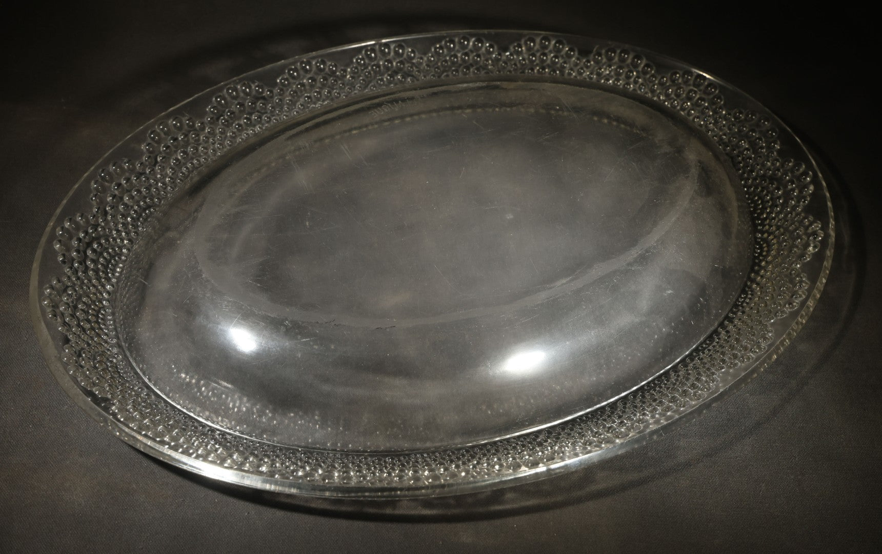 Vintage Lalique Clear Glass Oval Platter with Hobnail Rim Pattern, Signed R. Lalique, Note chip