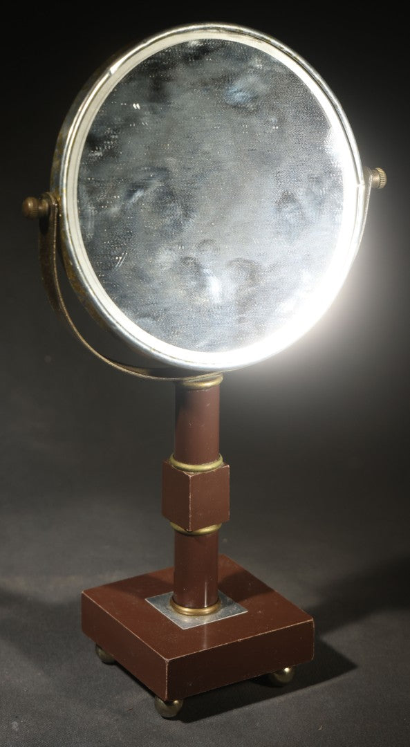 Vintage Vanity Mirror on Bakelite or Early Plastic Stand with Brass Accents