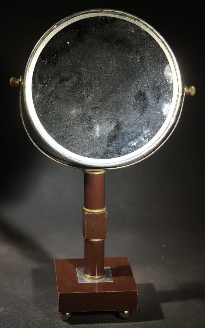 Vintage Vanity Mirror on Bakelite or Early Plastic Stand with Brass Accents