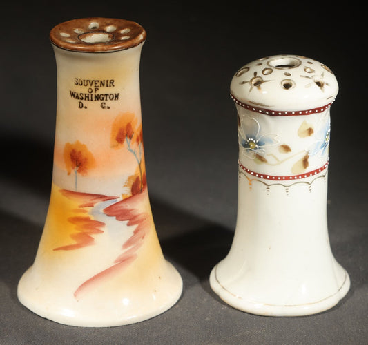 Pair of Antique Hand-Painted Porcelain Hat Pin Holders including Souvenir of Washington D.C. with Landscape Scene and Floral Example with Blue Flower and Red Dotted Bands, Made in Japan, Note Chip