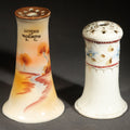 Lot 042 - Pair of Antique Hand-Painted Porcelain Hat Pin Holders Including Souvenir of Washington D.C. with Landscape Scene and Floral Example with Blue Flower and Red Dotted Bands, Made in Japan, Note Chip