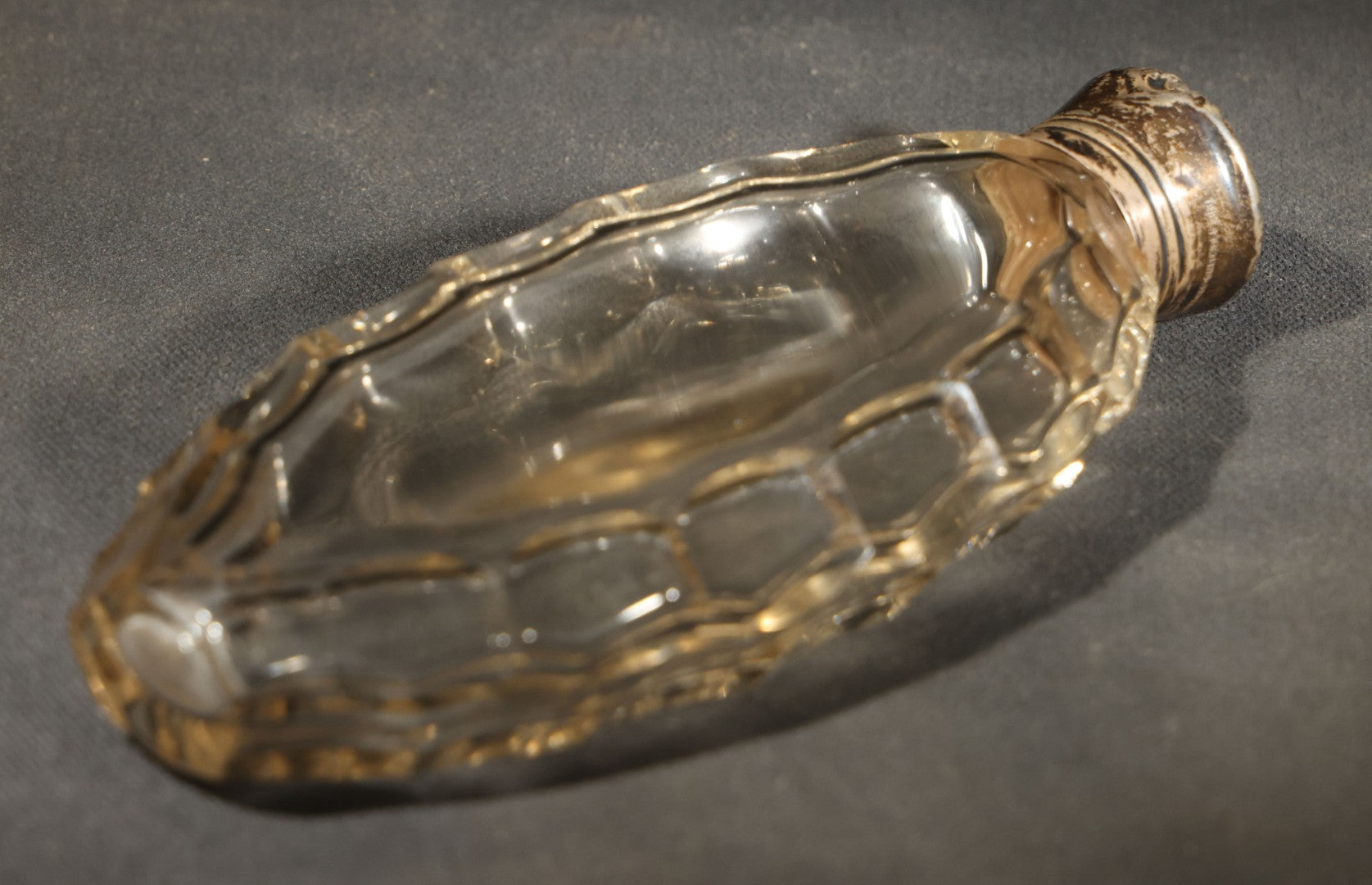 Vintage Scalloped Glass Flask with Sterling Silver Monogrammed Top, Note Chip
