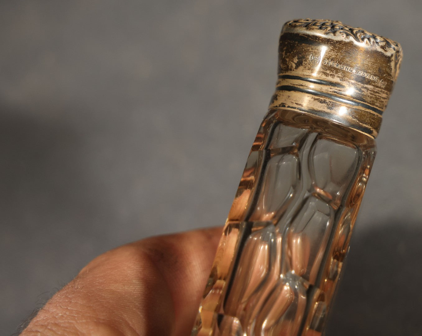 Vintage Scalloped Glass Flask with Sterling Silver Monogrammed Top, Note Chip