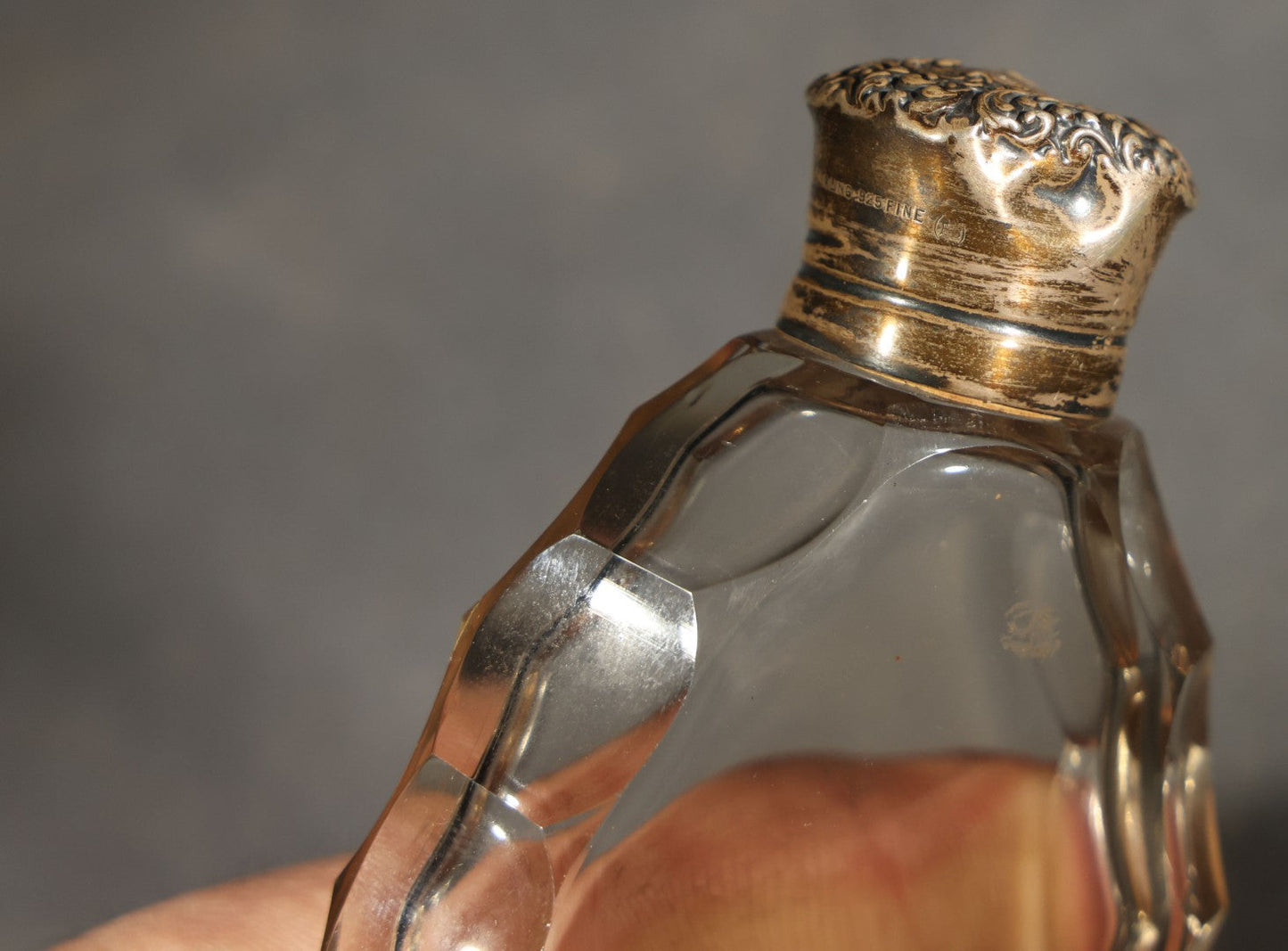 Vintage Scalloped Glass Flask with Sterling Silver Monogrammed Top, Note Chip