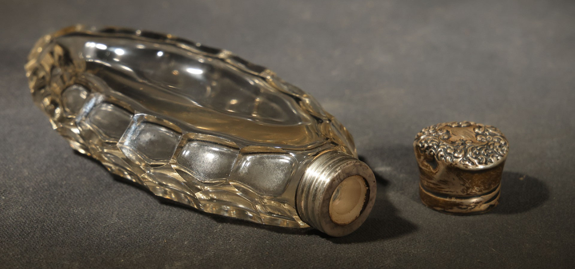 Vintage Scalloped Glass Flask with Sterling Silver Monogrammed Top, Note Chip