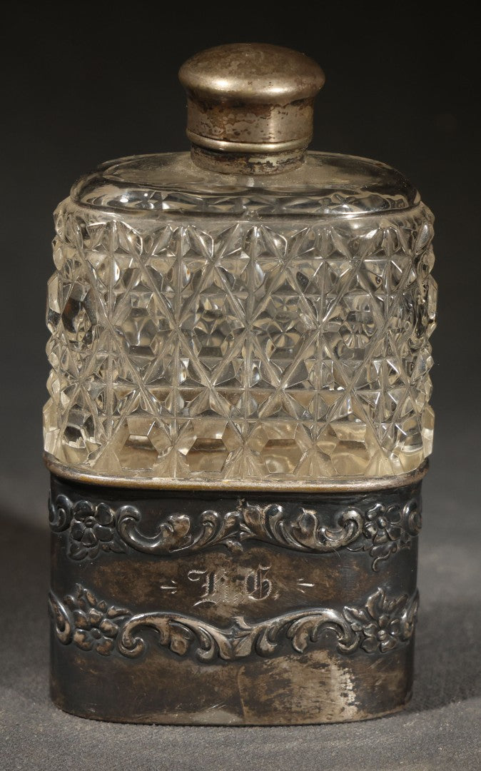 Antique Cut Glass Flask with Silverplated Cap and Collar, Monogrammed "K.G.," Quadruple Plate, Derby Silverplate Co.