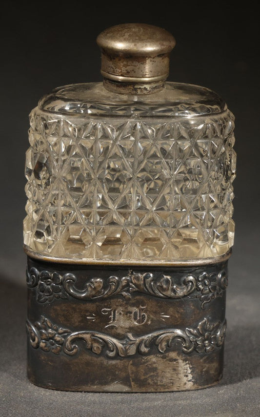 Antique Cut Glass Flask with Silverplated Cap and Collar, Monogrammed "K.G.," Quadruple Plate, Derby Silverplate Co.