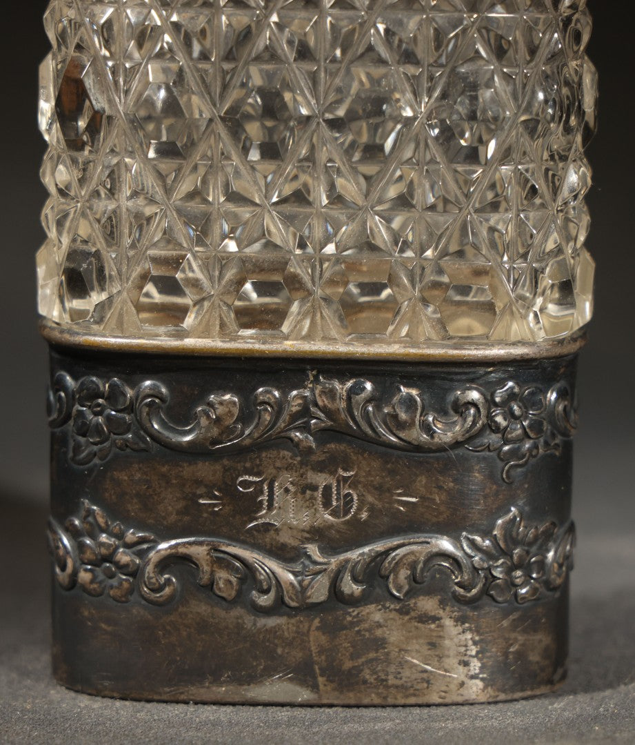 Antique Cut Glass Flask with Silverplated Cap and Collar, Monogrammed "K.G.," Quadruple Plate, Derby Silverplate Co.