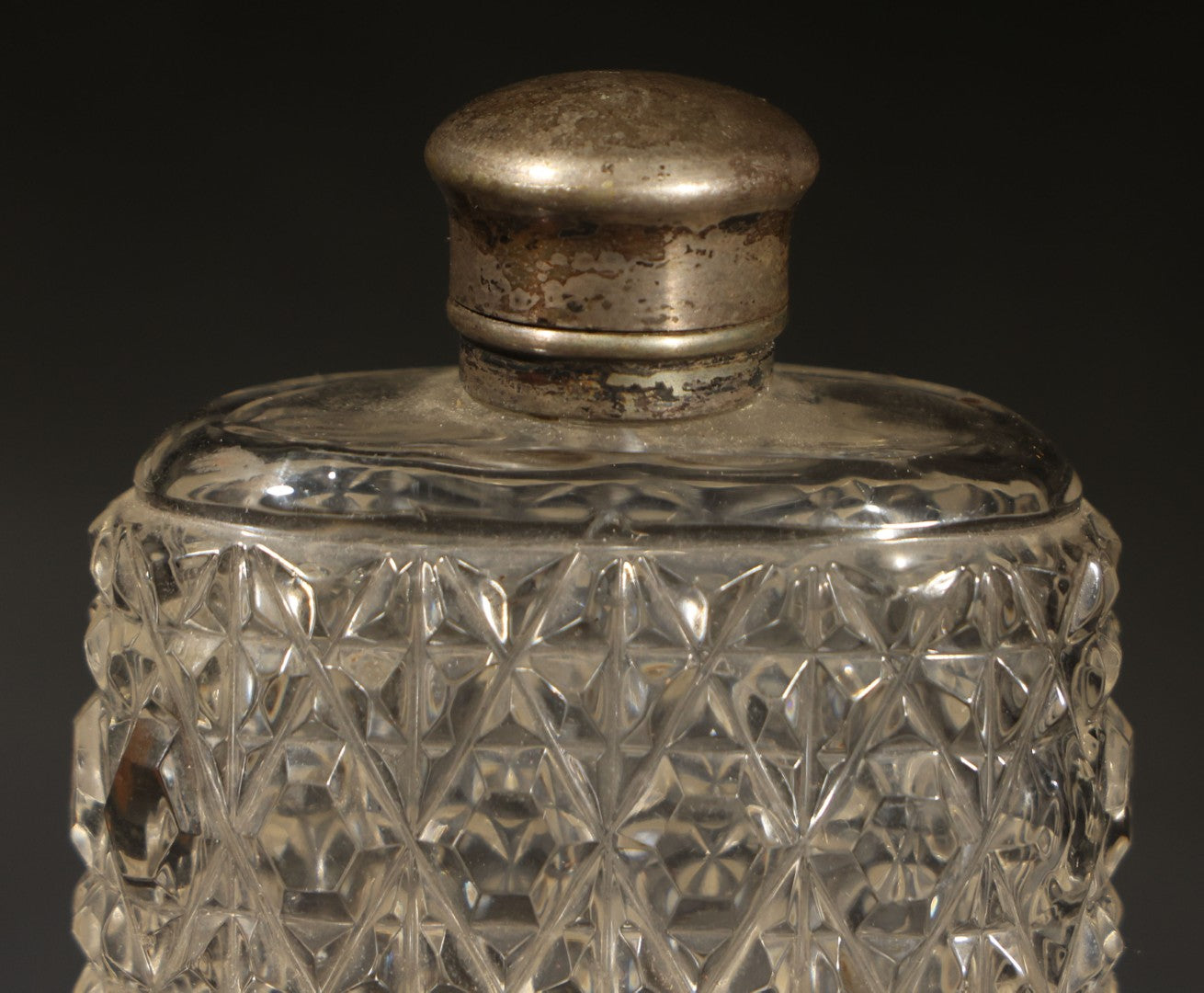 Antique Cut Glass Flask with Silverplated Cap and Collar, Monogrammed "K.G.," Quadruple Plate, Derby Silverplate Co.