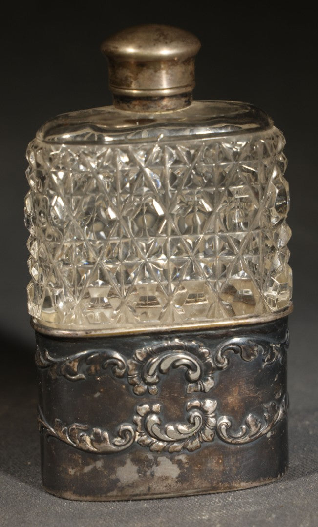 Antique Cut Glass Flask with Silverplated Cap and Collar, Monogrammed "K.G.," Quadruple Plate, Derby Silverplate Co.