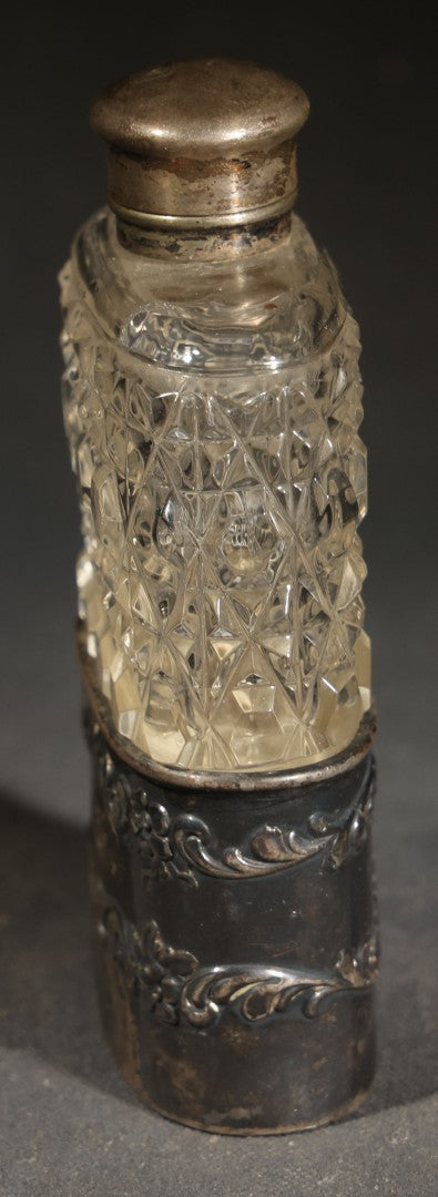 Antique Cut Glass Flask with Silverplated Cap and Collar, Monogrammed "K.G.," Quadruple Plate, Derby Silverplate Co.