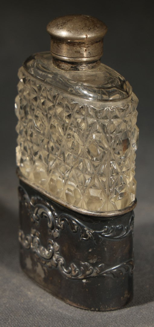 Antique Cut Glass Flask with Silverplated Cap and Collar, Monogrammed "K.G.," Quadruple Plate, Derby Silverplate Co.