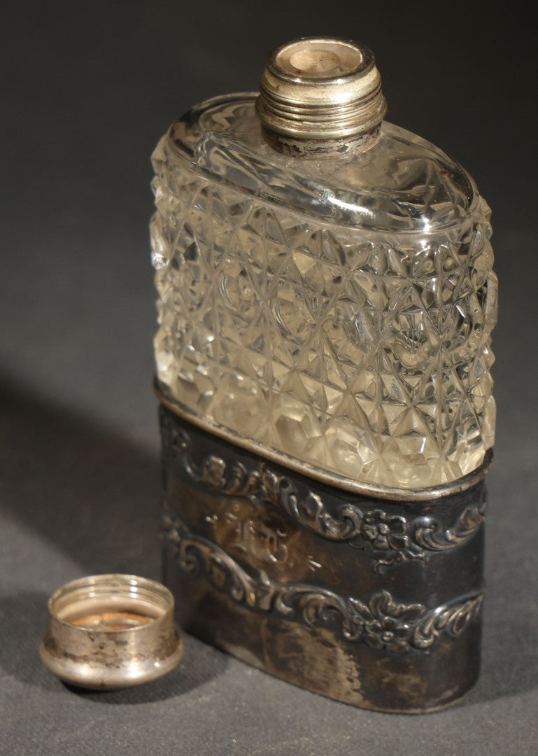 Antique Cut Glass Flask with Silverplated Cap and Collar, Monogrammed "K.G.," Quadruple Plate, Derby Silverplate Co.