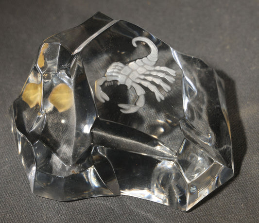 Vintage Crystal Paperweight with Engraved Scorpion Design, Manufactured by Val Saint Lambert, Belgium