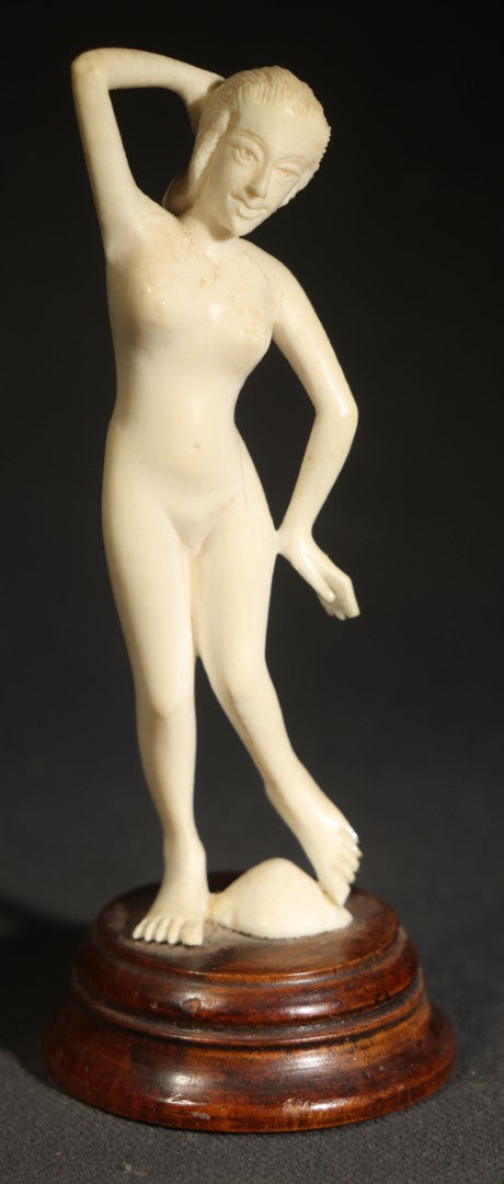 Vintage Carved Bone Female Nude Figure on Turned Wooden Base