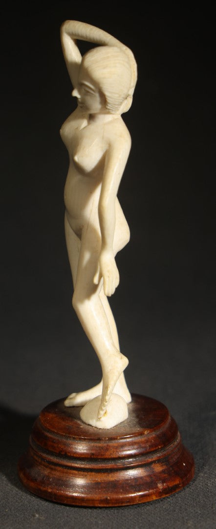 Vintage Carved Bone Female Nude Figure on Turned Wooden Base