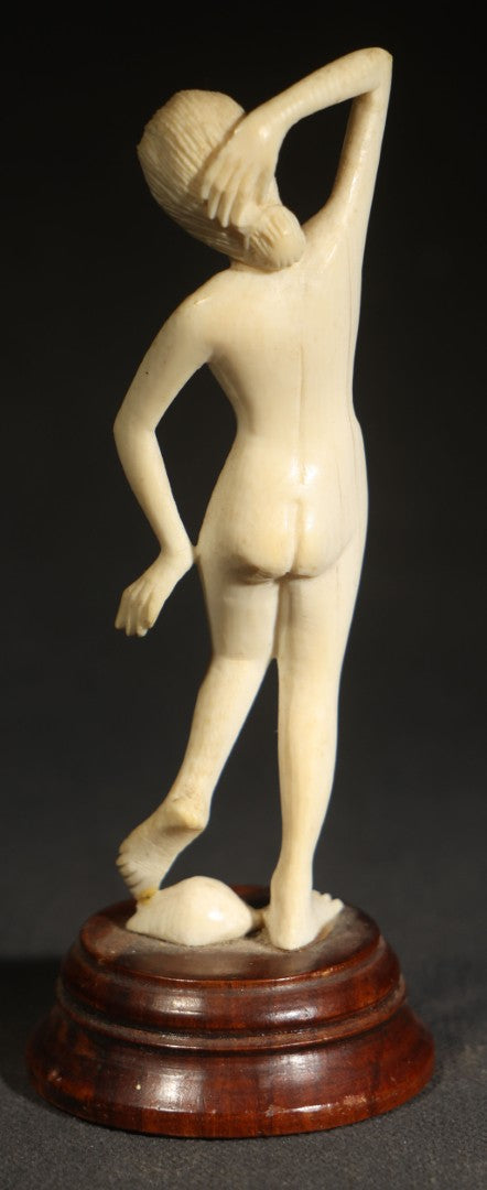 Vintage Carved Bone Female Nude Figure on Turned Wooden Base