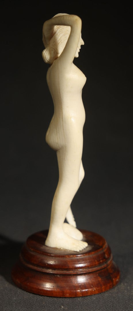 Vintage Carved Bone Female Nude Figure on Turned Wooden Base
